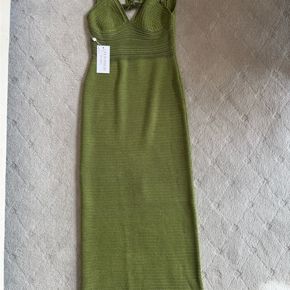 Torn by Ronny Kobo Madi Dress in metallic green sexy beach crochet midi sz m - Picture 11 of 15